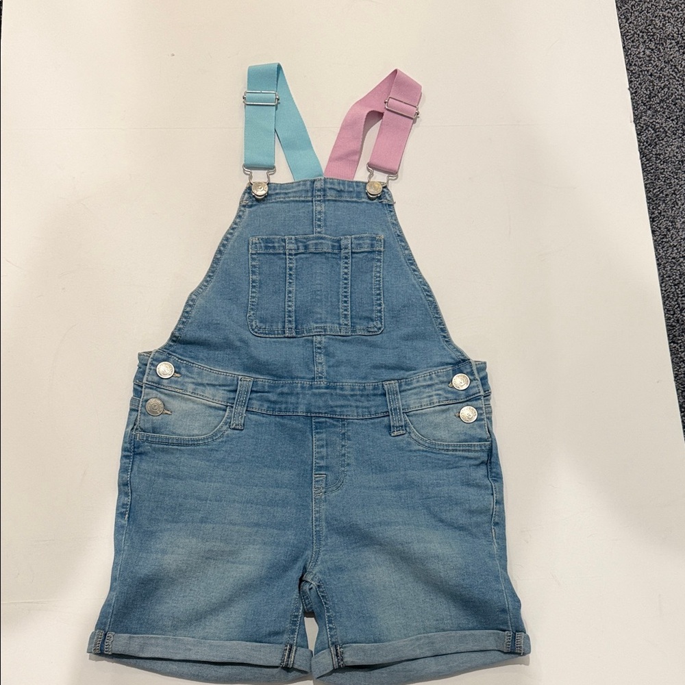 Vigoss Light Blue Denim Short Overalls with Pink & Blue Straps